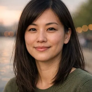 Young East Asian woman, dark straight hair, olive knit sweater, calm expression