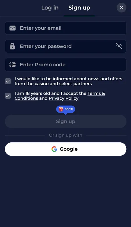 NineWin Casino registration form first step