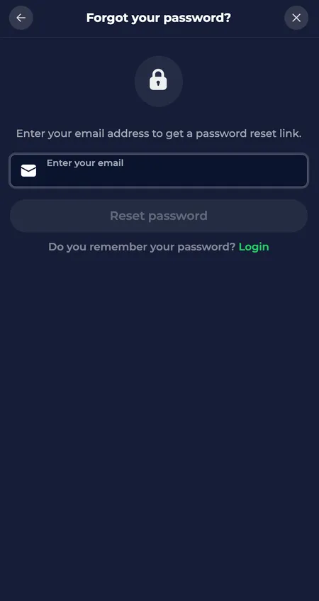 NineWin password reset screen with email input